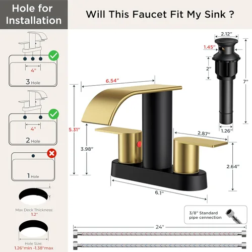 Miniatura 2 de FORIOUS Grifos de baño negros y dorados, cascada de 4 pulgadas con drenaje desplegable de metal y manguera cUPC para lavabo, tocador, RV, pedestal