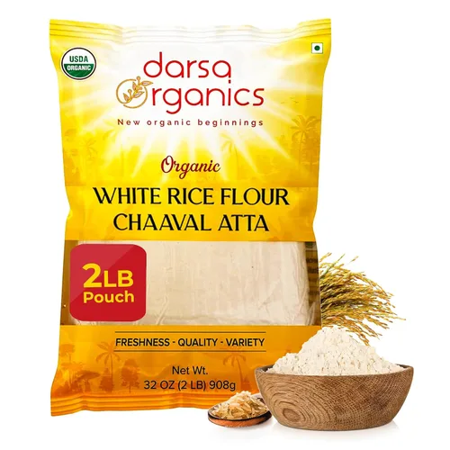 Darsa Organics Harina de arroz blanco – Orgánica premium, certificado por USDA, sin OMG, harina de arroz en polvo sin gluten para hornear y cocinar,