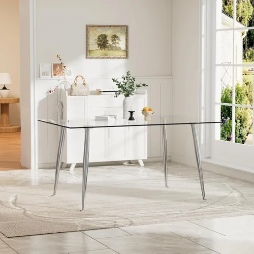 Miniatura 11 de Baysitone Mesa de comedor de cristal para 4 personas con tapa de vidrio rectangular transparente de 51 pulgadas, muebles de cocina de vidrio Negro