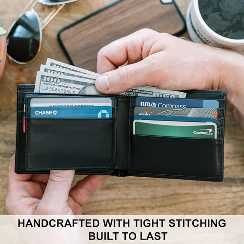 Miniatura 5 de Cartera de cuero de grano superior para hombre Costuras ultra fuertes Cuero argentino hecho a mano Bloqueo RFID Cartera plegable delgada