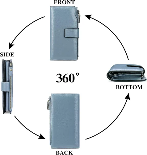 Miniatura 6 de SENDEFN Carteras de cuero para mujer, con bloqueo RFID, tarjetero con bolsillo con cremallera, Azulclaro, Cartera de gran capacidad