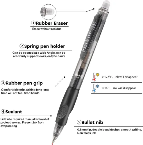 Miniatura 3 de Paquete de 12 bolígrafos de gel borrables Clicker, punta fina (0.020 pulgadas), tinta negra con borrador, hace que desaparezcan los errores, agarre