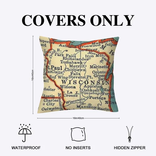 Miniatura 2 de Wisconsin Map - Fundas de almohada para exteriores, impermeables, 16 x 16 pulgadas, diseño de mapa del mundo, fundas de almohada decorativas