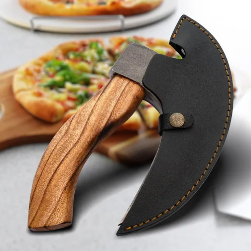 Miniatura 9 de Cortador de pizza vikingo hecho a mano Auténtica rebanadora de pizza medieval con mango de madera de ceniza y funda de cuero Herramientas
