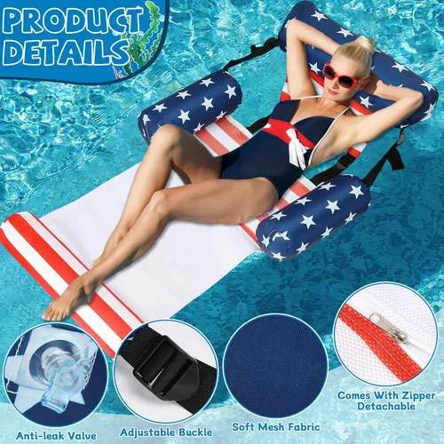 Miniatura 3 de Paquete de 2 flotadores inflables 2 en 1 para piscina con reposabrazos, tumbonas flotantes de tela para piscina, fideos para adultos, silla flotante