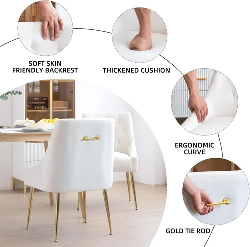 Miniatura 2 de Juego de 2 sillas de comedor modernas, sillas de mediados de siglo con cojines de 5.12 pulgadas y patas doradas, sillas de comedor tapizadas