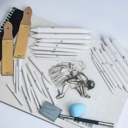 Miniatura 2 de 33 piezas de tocones de mezcla y tortillones de papel para dibujar con sacapuntas de papel de lija, extensión de borrador amasado, esponja