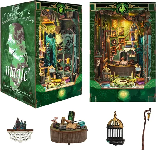 Miniatura 10 de Kit de rincón de lectura - Kit de casa de muñecas DIY en miniatura de madera con cubierta de polvo, estantería decorativa, rompecabezas 3D