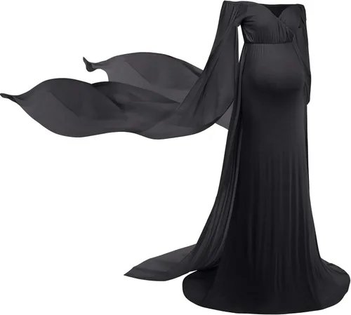 Miniatura 3 de Vestido de maternidad elegante con hombros descubiertos para mujer vestido de maternidad ajustado de gasa manga acampanada vestido de fotografía