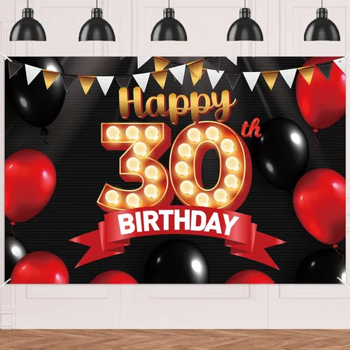 Miniatura 17 de FlagY-Bn-14 - Cartel de feliz cumpleaños número 14, decoración de pancarta negra, telón de fondo dorado, globos rojos y negros, decoración temática