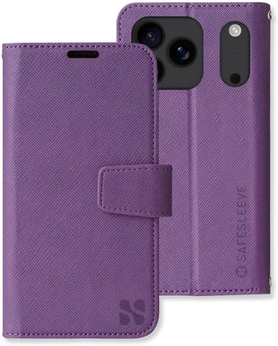 Miniatura 52 de SafeSleeve Funda de piel tipo cartera desmontable para iPhone 14 con bloqueador EMF para teléfono celular con 3 tarjeteros y soporte ajustable