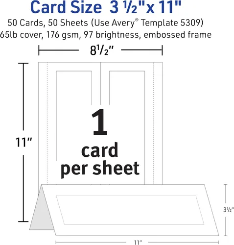 Miniatura 4 de Avery Tarjetas de Mesa Imprimibles, 3.5" x 11" pulgadas, Blancas con Borde en Relieve, 50 Tarjetas de Lugar en Blanco para Impresoras Láser