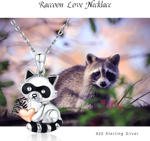 Miniatura 5 de CHENGHONG Collar con colgante de corazón de mapache abrazo de amor, lindo collar de mapache de plata de ley 925, collar de animal de mapache