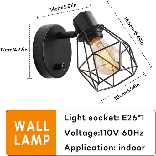 Miniatura 5 de Lightess Aplique de pared negro con interruptor de atenuación y apagado, lámpara de pared vintage con cabezal ajustable, lámpara de pared industrial