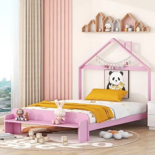 Miniatura 12 de Cama de plataforma de madera de tamaño individual con cabecero y cercas en forma de casa, sin tablillas, cama de piso para dormitorio de niños Verde