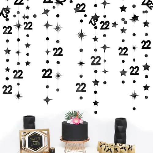 Miniatura 4 de Decoraciones Negras de Cumpleaños Número 22 Círculo Punto Estrella Guirnalda Serpentina Banderín Banner Telón de Fondo para Mujeres Hombres