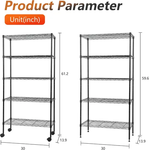 Miniatura 3 de FDW Estante de metal ajustable de 5 niveles con ruedas, capacidad de 250 libras, fácil montaje, ideal para espacios pequeños Negro