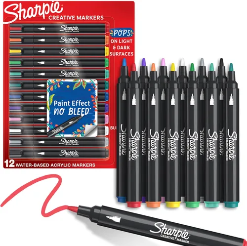 Sharpie - Marcadores creativos, acrílico a base de agua, punta de bala, colores surtidos, 12 unidades – Artes y manualidades, actividad para niños,