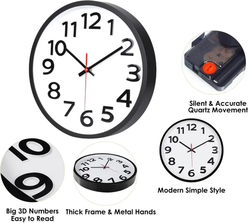 Miniatura 3 de Reloj de pared silencioso de 12 pulgadas, sin tictac, números grandes, fácil de leer, relojes de pared decorativos para oficina, escuela, 2-Negro