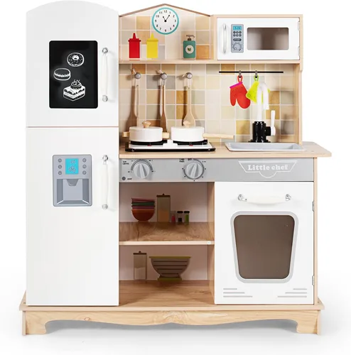 HONEY JOY Juego de cocina para niños, cocina de madera para niños pequeños, microondas, grifo, estufa con luces, pizarra, armario de almacenamiento,
