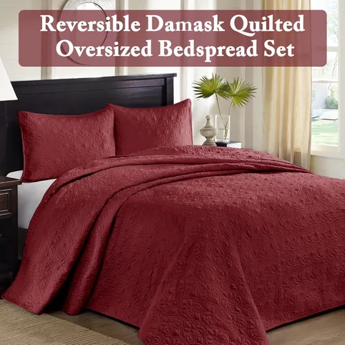 Miniatura 2 de Madison Park Quebec Juego de ropa de cama tamaño queen, color rojo, damasco, 3 piezas, fundas de colcha de microfibra ultra suave, colcha acolchada
