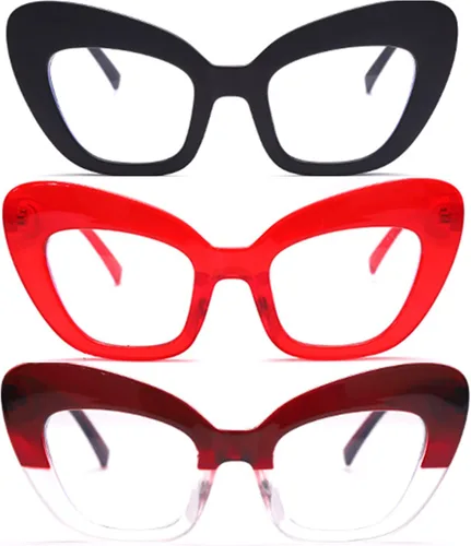 Miniatura 2 de Paquete de 3 lectores de estilo, lentes de lectura con bloqueo de luz azul para computadora con ojo de gato para mujer (negro/rojo/rojo vino, 2.0)