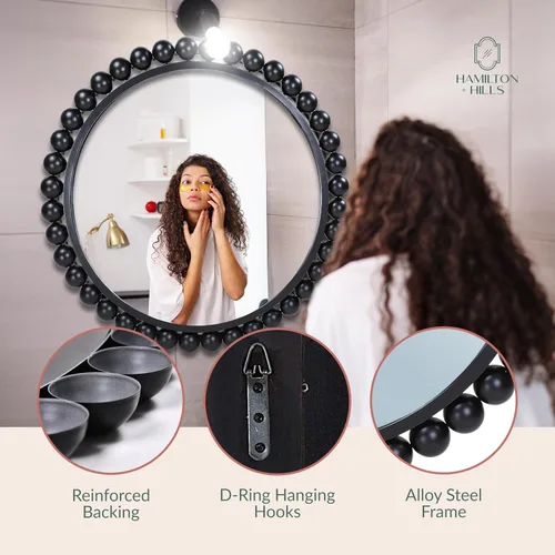 Miniatura 4 de Hamilton Hills Espejo circular negro de 33 x 33 pulgadas, elegante espejo redondo para sala de estar, baño, entrada, decoración de tocador, cuentas