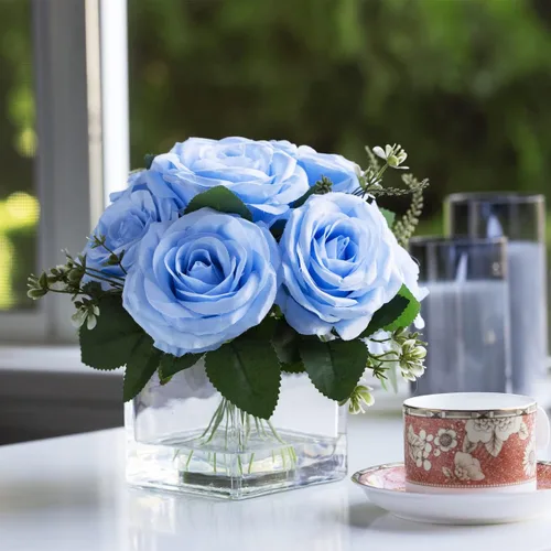 Miniatura 2 de ENOVA FLORAL 9 cabezas de rosas artificiales en jarrón, rosas falsas con jarrón de cristal para decoración (azul)