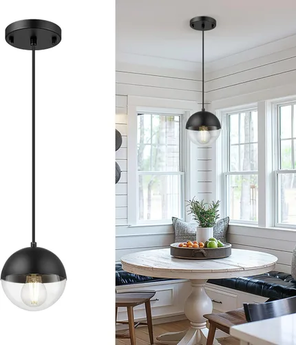 Miniatura 14 de LMS Luces colgantes negras de 8 pulgadas para isla de cocina, lámpara colgante moderna de globo con vidrio esmerilado, lámpara colgante Negro
