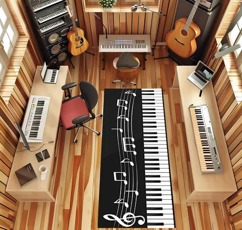 Miniatura 2 de Alfombra antideslizante de 1.3 x 7 pies, diseño de piano, para amantes de la música, color negro y blanco, alfombra de pasillo para sala de estar