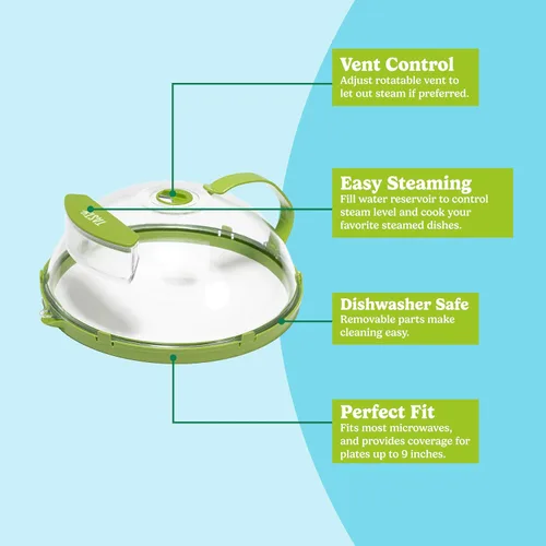 Miniatura 4 de Tasty Cubierta para salpicaduras de microondas con vaporizador de agua integrado y depósito, se adapta a platos de hasta 9 pulgadas, ayuda a retener