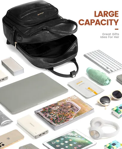 Miniatura 3 de LOVEVOOK Mochila vintage para computadora portátil de piel sintética de 15.6 pulgadas, negro, 25L, resistente al agua, puerto de carga USB