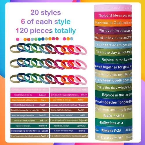 Miniatura 58 de Estune 120 pulseras de versículos de la Biblia, con cita motivacional, pulseras de goma, pulseras de silicona religiosas, pulseras de silicona
