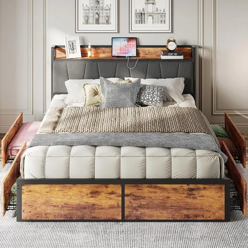 Miniatura 13 de LIKIMIO Armazón de cama Queen con 4 cajones de almacenamiento, cama de plataforma con cabecera con carga, resistente y estable, sin ruido, no Verde