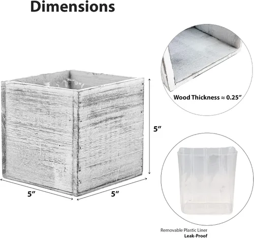 Miniatura 2 de CYS EXCEL 2 macetas de cubo blanco de 5 pulgadas con forro de plástico extraíble Múltiples opciones de maceta cuadrada de madera natural Caja