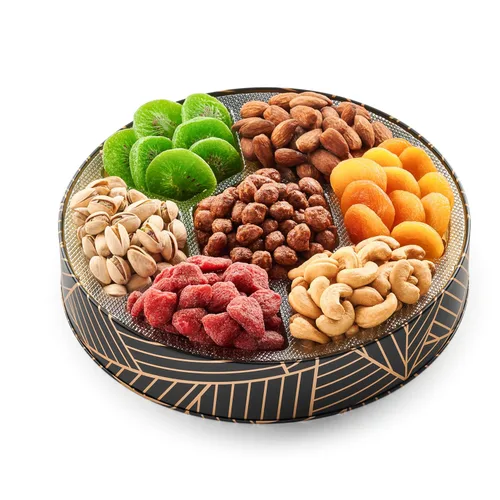 Miniatura 6 de Oh! Nuts Canasta de regalo de frutas secas y nueces de 7 secciones - Canastas de regalo de frutas y nueces gourmet surtidas - Caja redonda de metal