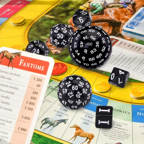 Miniatura 5 de AUSTOR juego completo de 15 dados poliédricos D3-D100 con bolsa de cuero de almacenamiento con cordón para juegos de mesa de rol (negro y blanco)