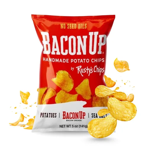 Bacon Up By Rusty's Chips, Handmade Bacon Potato Chips, No Seed Oils, Gluten Free Snack Pack, No Preservatives, Non-GMO, 5 Ounces (5 Ounce (Pack of