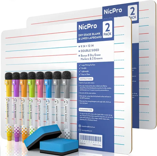 Nicpro Pizarra de borrado en seco de regazo 9 x 12 pulgadas, paquete de 2 pizarras para niños con doble cara, pequeña, rayada y en blanco, con 8
