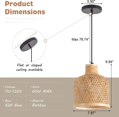 Miniatura 4 de Moderna lámpara colgante tejida de bambú, paquete de 2 cúpula de 7.8 pulgadas, cúpula costera de mimbre de bambú, accesorio de iluminación colgante