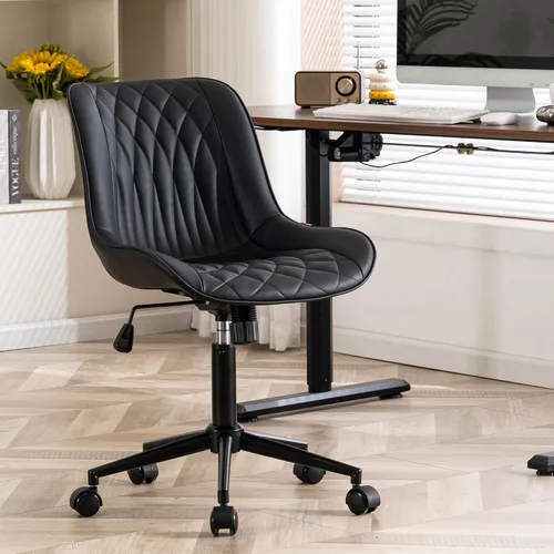 Miniatura 13 de YOUNIKE Silla de oficina ergonómica de piel sintética gris sin brazos, cómoda silla de escritorio con respaldo mecedor, bonita silla giratoria