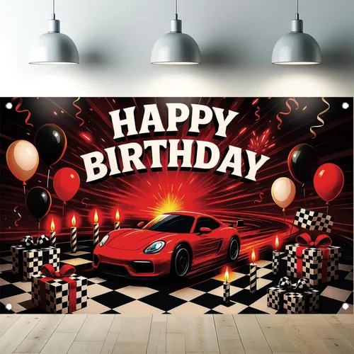 Telón de fondo de auto de carreras con texto en inglés «Happy Birthday» de 71 x 43 pulgadas, para niños, decoración de fiesta de cumpleaños,