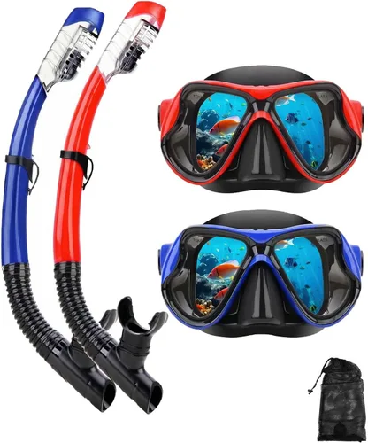 Miniatura 12 de Equipo de esnórquel para adultos, jóvenes y niños, juego de máscara de esnórquel con parte superior seca, juego de máscara de buceo antivaho