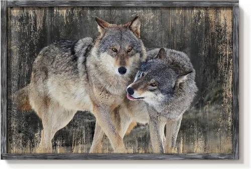 Miniatura 16 de Arte de Pared Enmarcado de Lobo: Pintura Moderna de Animales Salvajes de Madera Rústica Natural Imagen de Vida Silvestre Obra de Arte de Lobo Gris