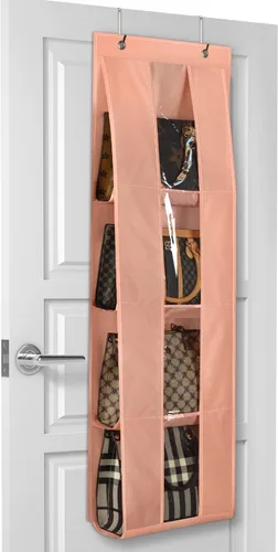 Lirex Organizador de bolso para colgar sobre la puerta, organizador de almacenamiento de bolso con 4 bolsillos transparentes plegables, Rosa claro