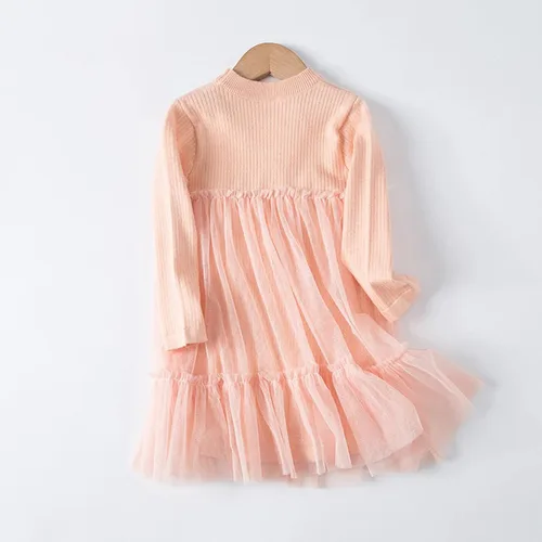 Miniatura 4 de Ropa de vestir de princesa de punto para otoño e invierno de manga larga de tul sólido para niñas de 1 a 5 años rosa 2 a 3 años