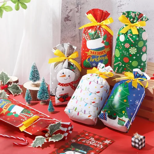 Miniatura 3 de Funrous 50 bolsas de Navidad con cordón, bolsas de regalo de plástico con cordón para Navidad, bolsas de dulces de Navidad para fiesta