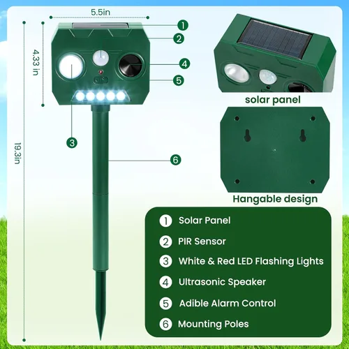 Miniatura 7 de Repelente solar ultrasónico de animales al aire libre, paquete de 4 dispositivos repelentes de gatos, ardillas, mapaches, pájaros, perros, ciervos