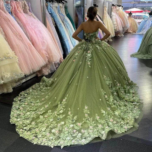 Miniatura 2 de Zhangyo Vestidos de quinceañera de flores 3D sin tirantes con apliques de tren de tul dulce 16 vestidos con cuentas vestido de quinceañera hinchado