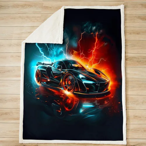 Miniatura 2 de Manfei Sports Car Kids Throw Blanket Blue and Orange Fire Bed Blanket for Boys Girls Room Decor, Black Racing Car Blanket for Couch Sofa, Soft and